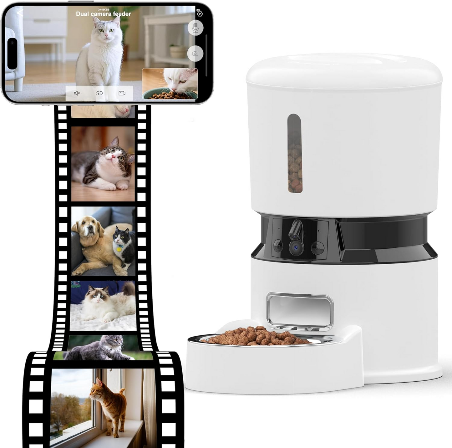 Smart WiFi Pet Feeder – 1080P Dual Camera, Night Vision, Voice Control, Programmable Schedule – White