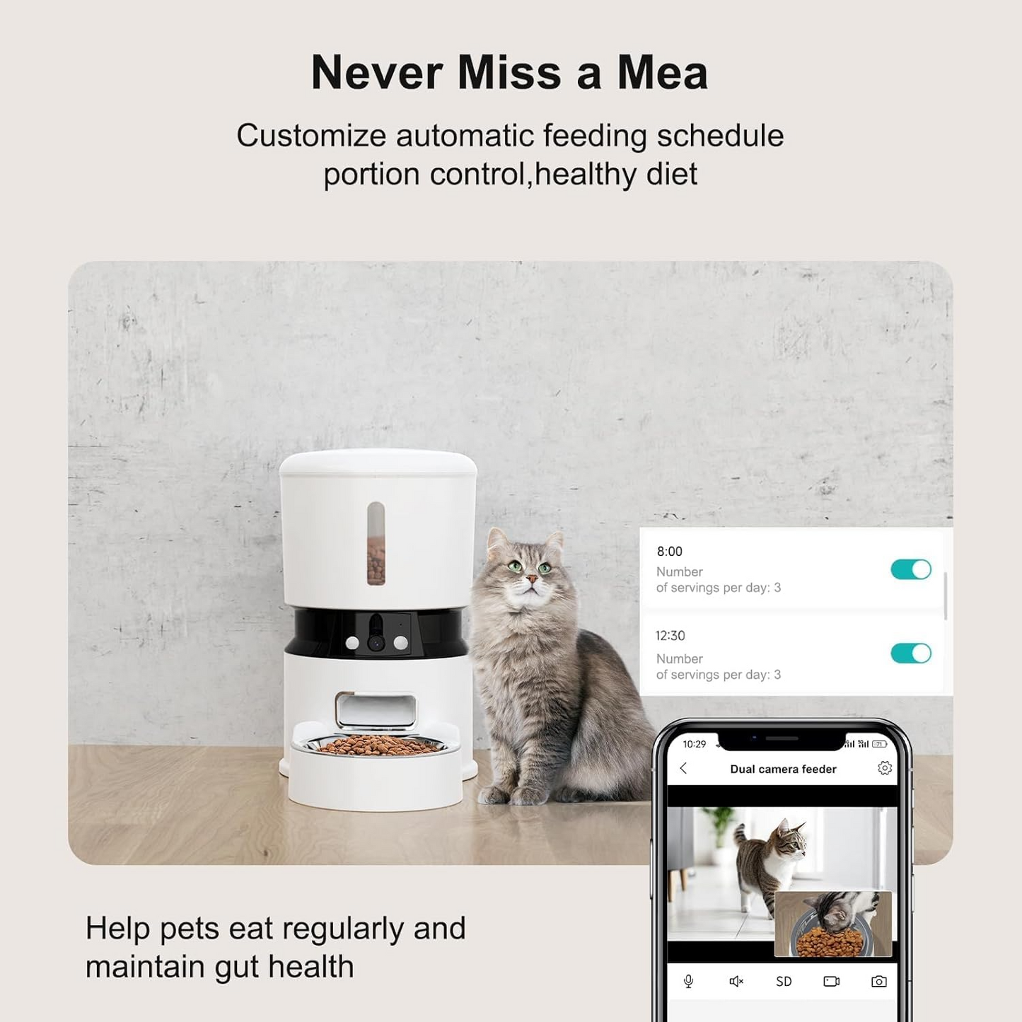 Smart WiFi Pet Feeder – 1080P Dual Camera, Night Vision, Voice Control, Programmable Schedule – White