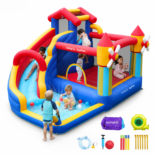 AirMyFun Inflatable Bounce House, Water Slide Park Slide Bouncer with Climbing Wall, Basketball Hoop, Jumping and Splash Pool, Kids Bouncy Castle with 450W Air Blower for Outdoor Backyard