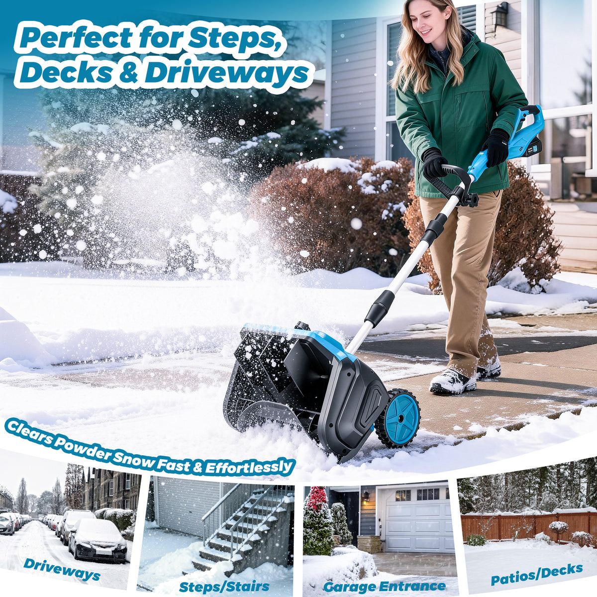 Acpouw Cordless Snow Shovel, 21V 12-inch Battery Powered Snow Thrower with Auxiliary Handle, with 4.0Ah Li-ion Battery & Charger, Adjustable 3-Direction Discharge