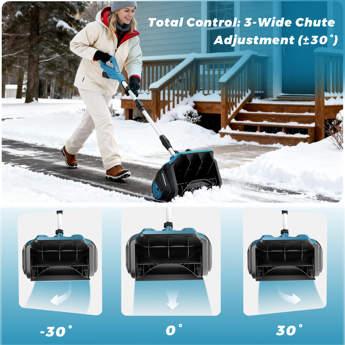 Acpouw Cordless Snow Shovel, 21V 12-inch Battery Powered Snow Thrower with Auxiliary Handle, with 4.0Ah Li-ion Battery & Charger, Adjustable 3-Direction Discharge