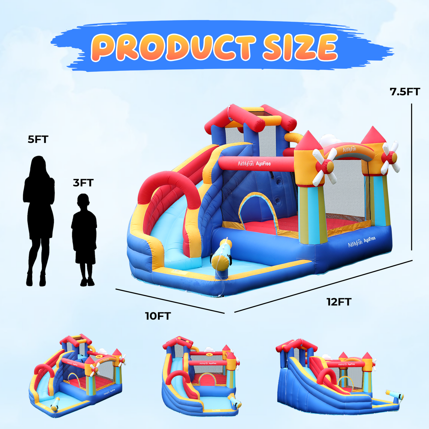 AirMyFun Inflatable Bounce House, Water Slide Park Slide Bouncer with Climbing Wall, Basketball Hoop, Jumping and Splash Pool, Kids Bouncy Castle with 450W Air Blower for Outdoor Backyard