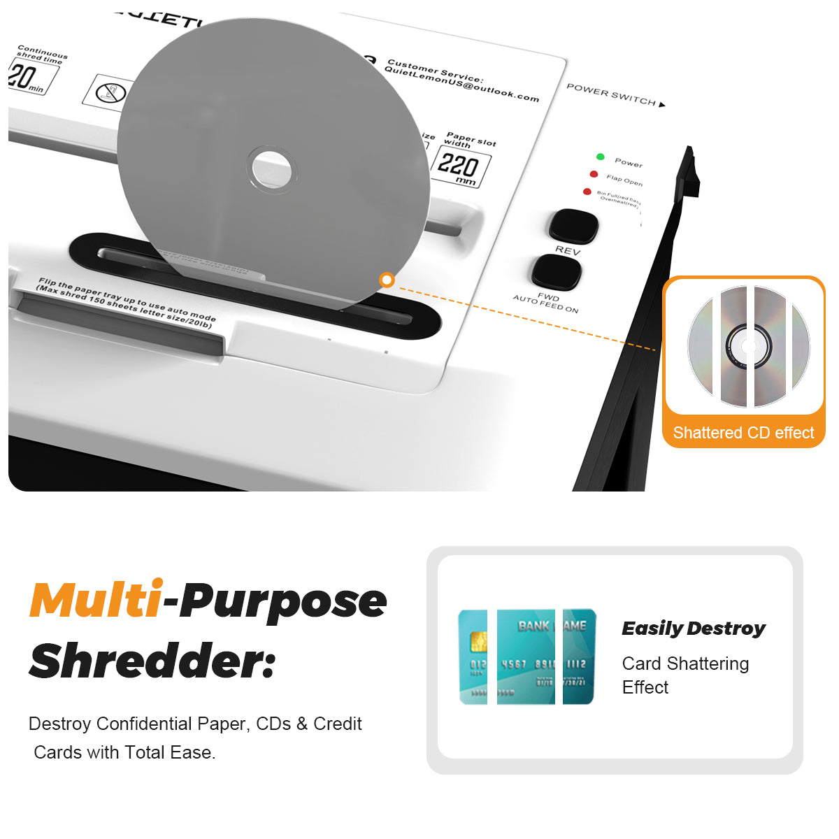 QUIETLEMON Heavy Duty Paper Shredder for Home Office, 150-Sheet Auto Feed Micro Cut Document Shredder, 5.3Gal Bin, P5 Security, Shreds Paper, Credit Card, CDs, Clips & Staples