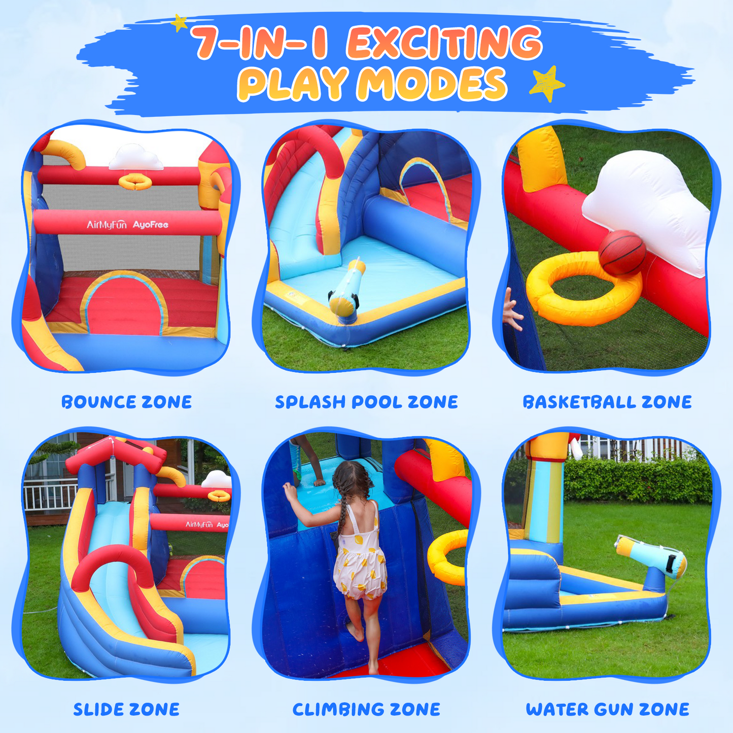 AirMyFun Inflatable Bounce House, Water Slide Park Slide Bouncer with Climbing Wall, Basketball Hoop, Jumping and Splash Pool, Kids Bouncy Castle with 450W Air Blower for Outdoor Backyard