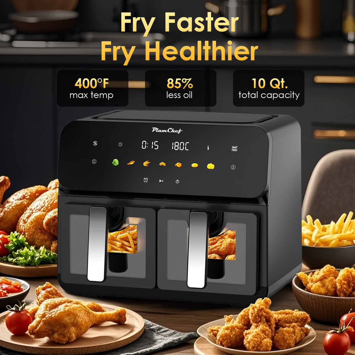 10QT Dual Air Fryer, Double Basket Air Fryer with 2×5QT Baskets, Digital Touchscreen Control, Easy-View Window, SyncCook Function, Cook 2 Dishes at Once for Family of 4-6, 1700W