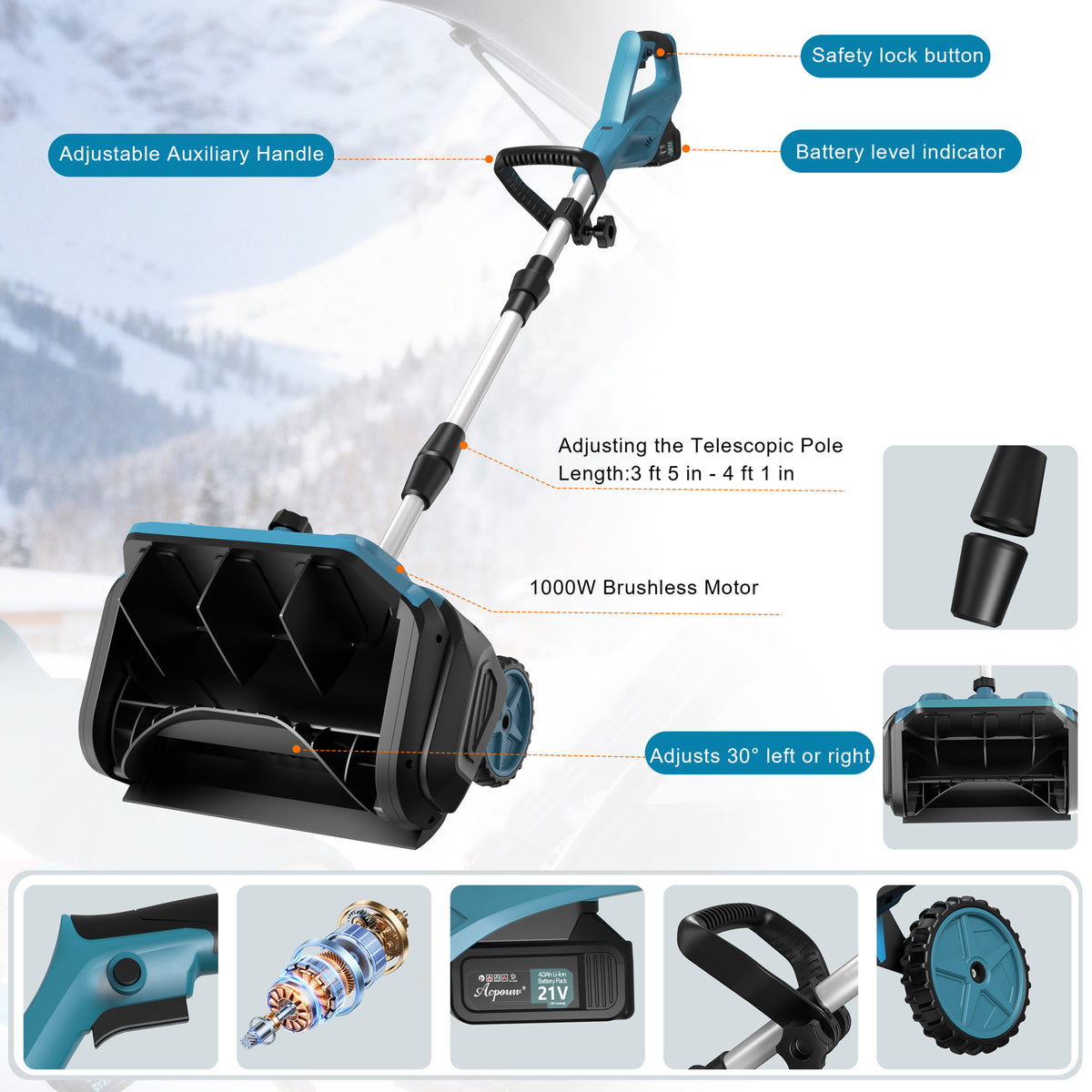 Acpouw Cordless Snow Shovel, 21V 12-inch Battery Powered Snow Thrower with Auxiliary Handle, with 4.0Ah Li-ion Battery & Charger, Adjustable 3-Direction Discharge