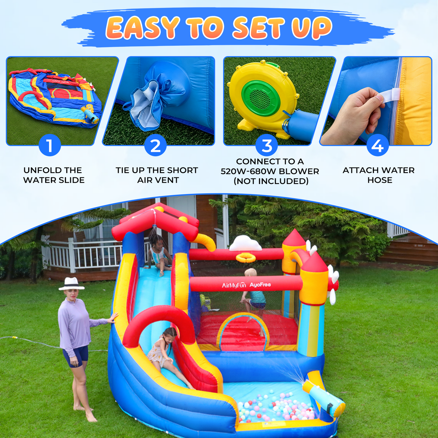 AirMyFun Inflatable Bounce House, Water Slide Park Slide Bouncer with Climbing Wall, Basketball Hoop, Jumping and Splash Pool, Kids Bouncy Castle with 450W Air Blower for Outdoor Backyard