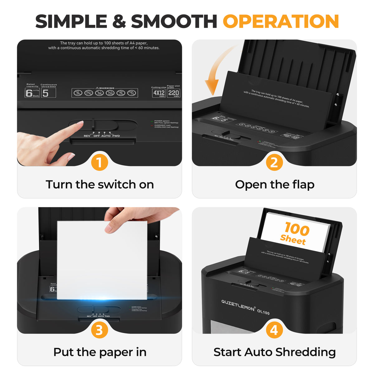 QUIETLEMON 100-Sheet Auto Feed Paper Shredder, P-4 Cross-Cut Heavy Duty Shredder for Home Office