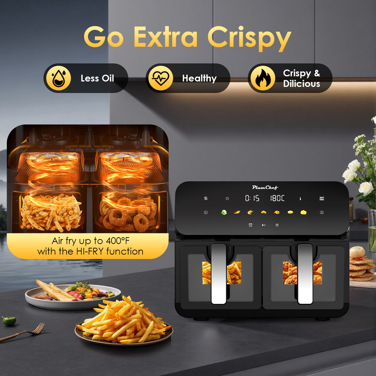 10QT Dual Air Fryer, Double Basket Air Fryer with 2×5QT Baskets, Digital Touchscreen Control, Easy-View Window, SyncCook Function, Cook 2 Dishes at Once for Family of 4-6, 1700W