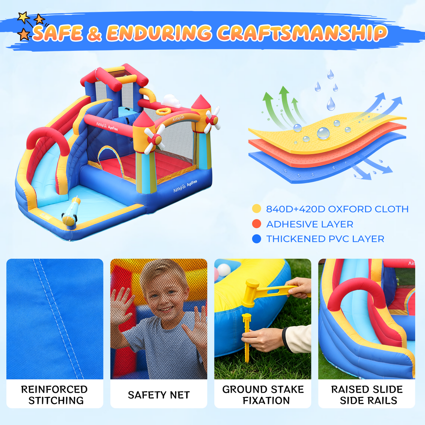 AirMyFun Inflatable Bounce House, Water Slide Park Slide Bouncer with Climbing Wall, Basketball Hoop, Jumping and Splash Pool, Kids Bouncy Castle with 450W Air Blower for Outdoor Backyard