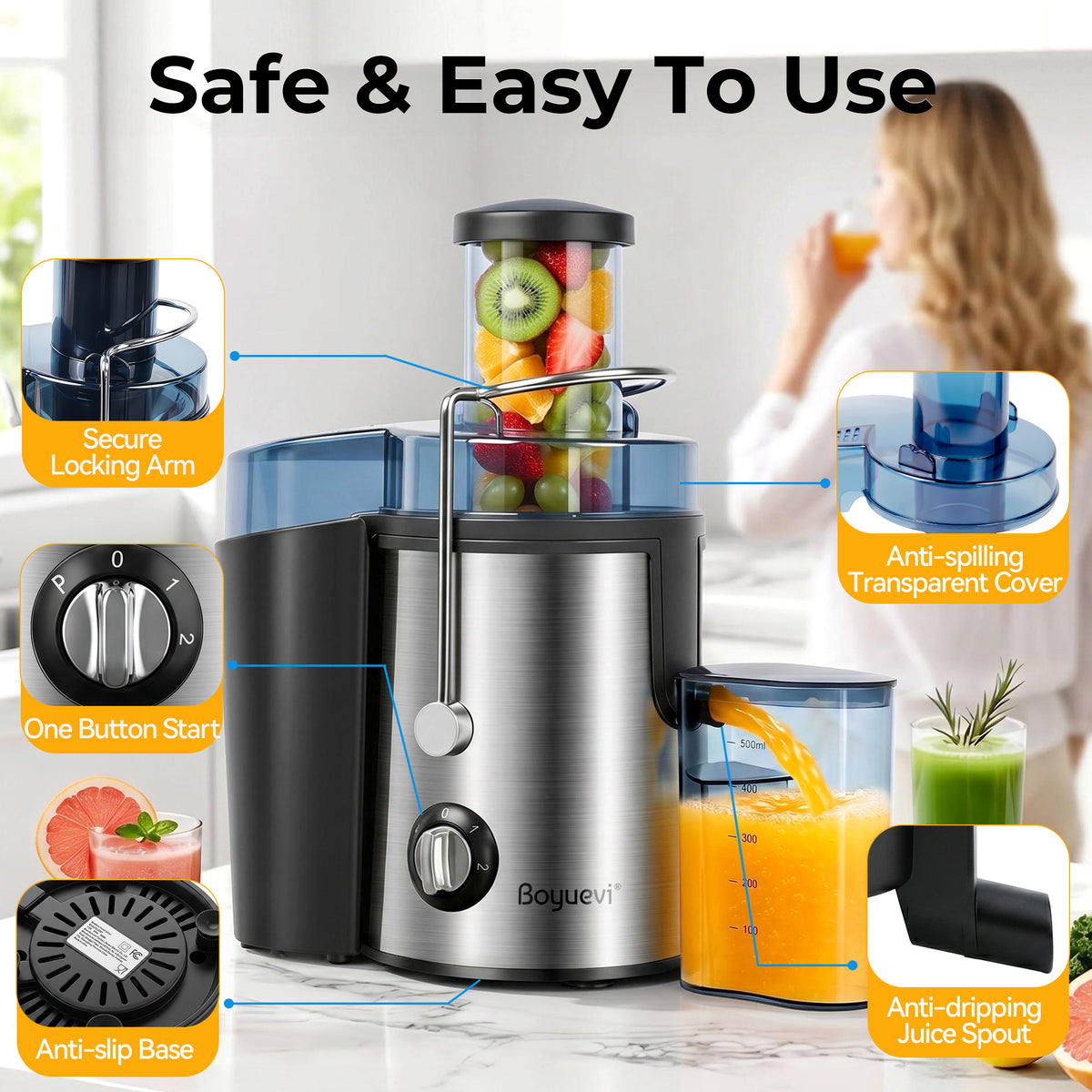 Acpouw 27fl oz Electric Juicer Machine, 3 Inch Wide Feed Chute, Centrifugal Juicer for Whole Fruits and Vegetables, Easy to Clean, Silver