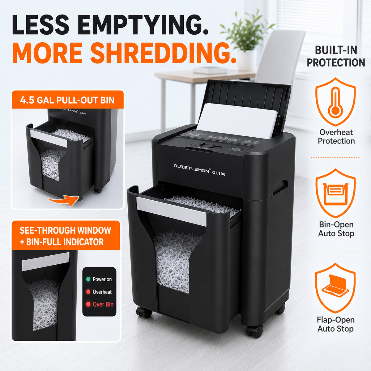 QUIETLEMON 100-Sheet Auto Feed Paper Shredder, P-4 Cross-Cut Heavy Duty Shredder for Home Office