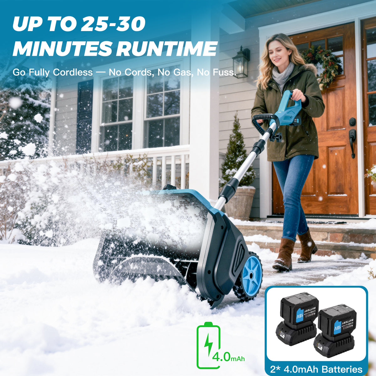 Acpouw Cordless Snow Shovel, 21V 12-inch Battery Powered Snow Thrower with Auxiliary Handle, with 4.0Ah Li-ion Battery & Charger, Adjustable 3-Direction Discharge