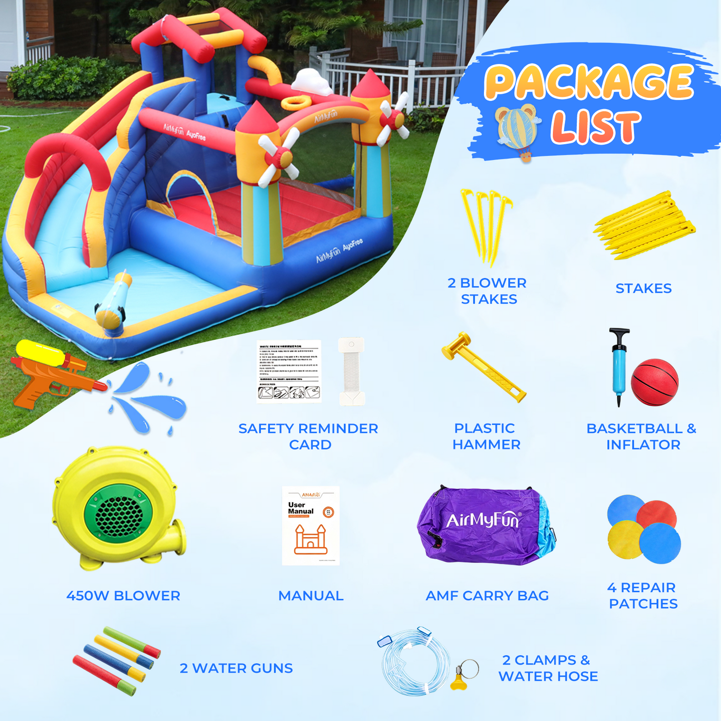 AirMyFun Inflatable Bounce House, Water Slide Park Slide Bouncer with Climbing Wall, Basketball Hoop, Jumping and Splash Pool, Kids Bouncy Castle with 450W Air Blower for Outdoor Backyard