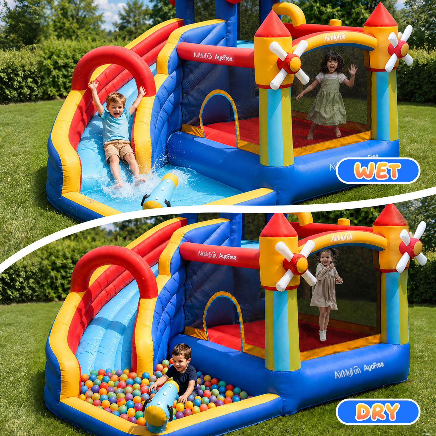 AirMyFun Inflatable Bounce House, Water Slide Park Slide Bouncer with Climbing Wall, Basketball Hoop, Jumping and Splash Pool, Kids Bouncy Castle with 450W Air Blower for Outdoor Backyard