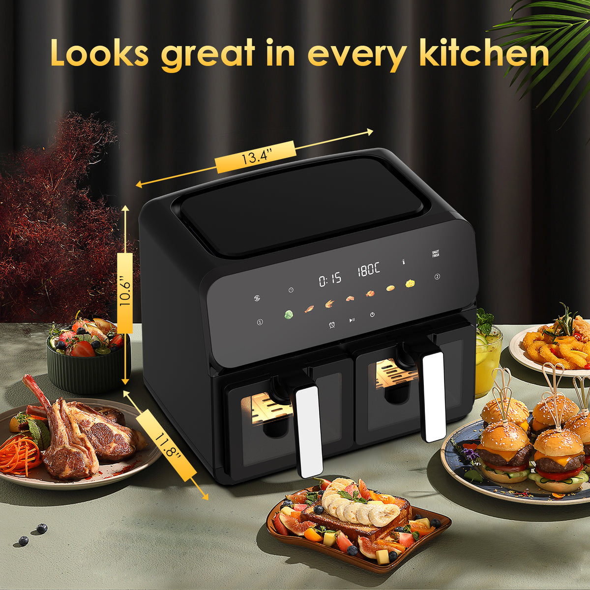 10QT Dual Air Fryer, Double Basket Air Fryer with 2×5QT Baskets, Digital Touchscreen Control, Easy-View Window, SyncCook Function, Cook 2 Dishes at Once for Family of 4-6, 1700W