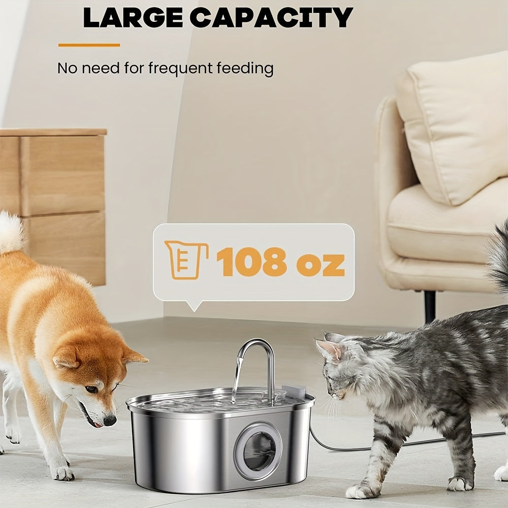 108.2oz Stainless Steel Smart Pet Water Fountain, USB Rechargeable, Faucet Design, Automatic Cat Water Dispenser