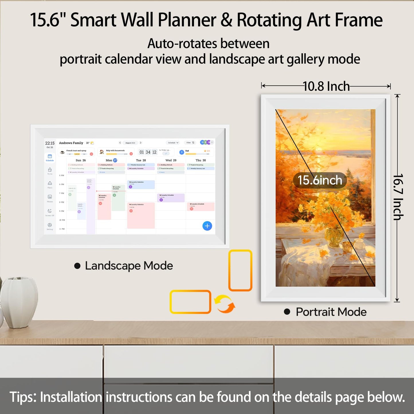 KissRabbit Digital Calendar, 15.6 inch Smart Family Calendar with Touchscreen, Wall & Desk Mount, Electronic Planner and Chore Chart