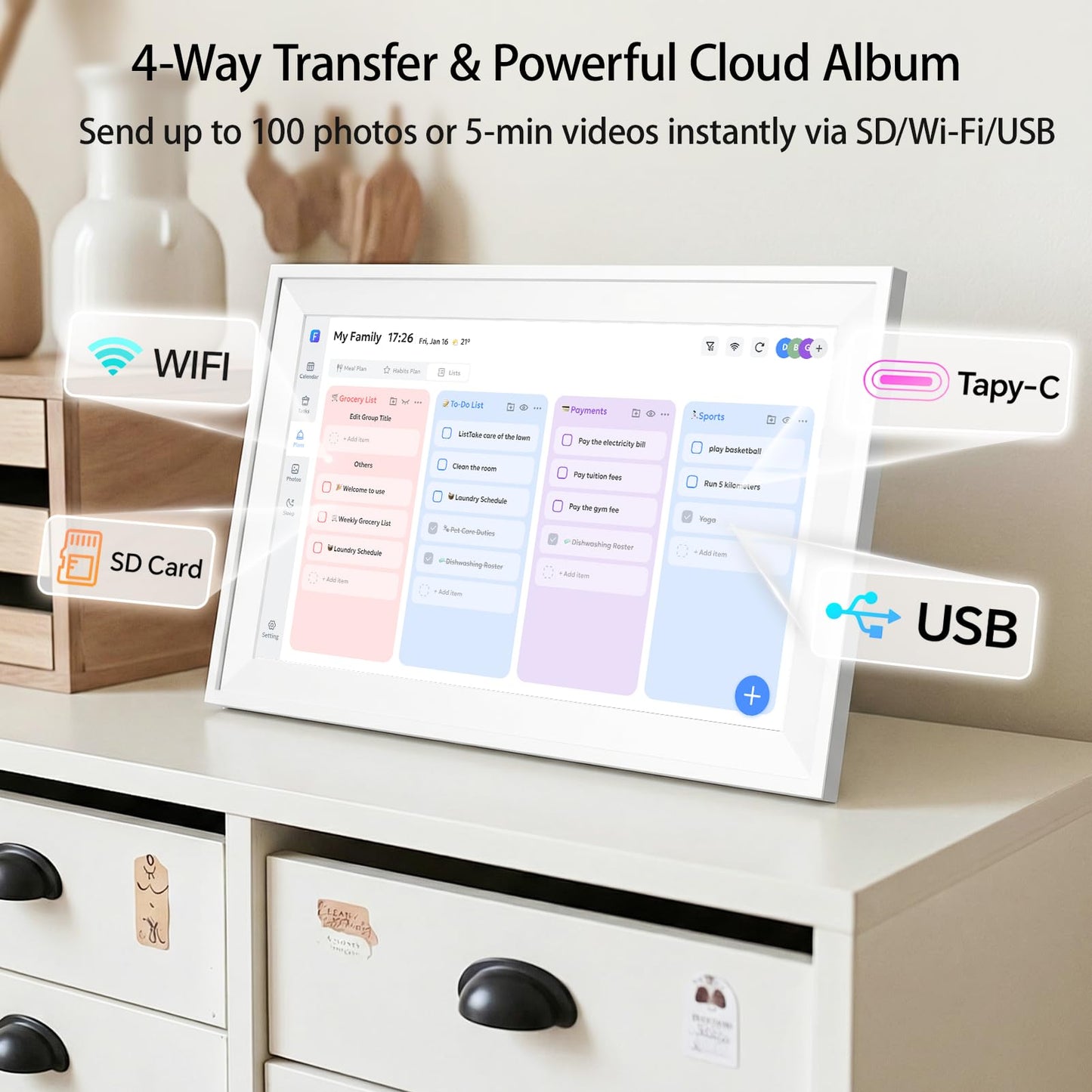 KissRabbit Digital Calendar, 15.6 inch Smart Family Calendar with Touchscreen, Wall & Desk Mount, Electronic Planner and Chore Chart