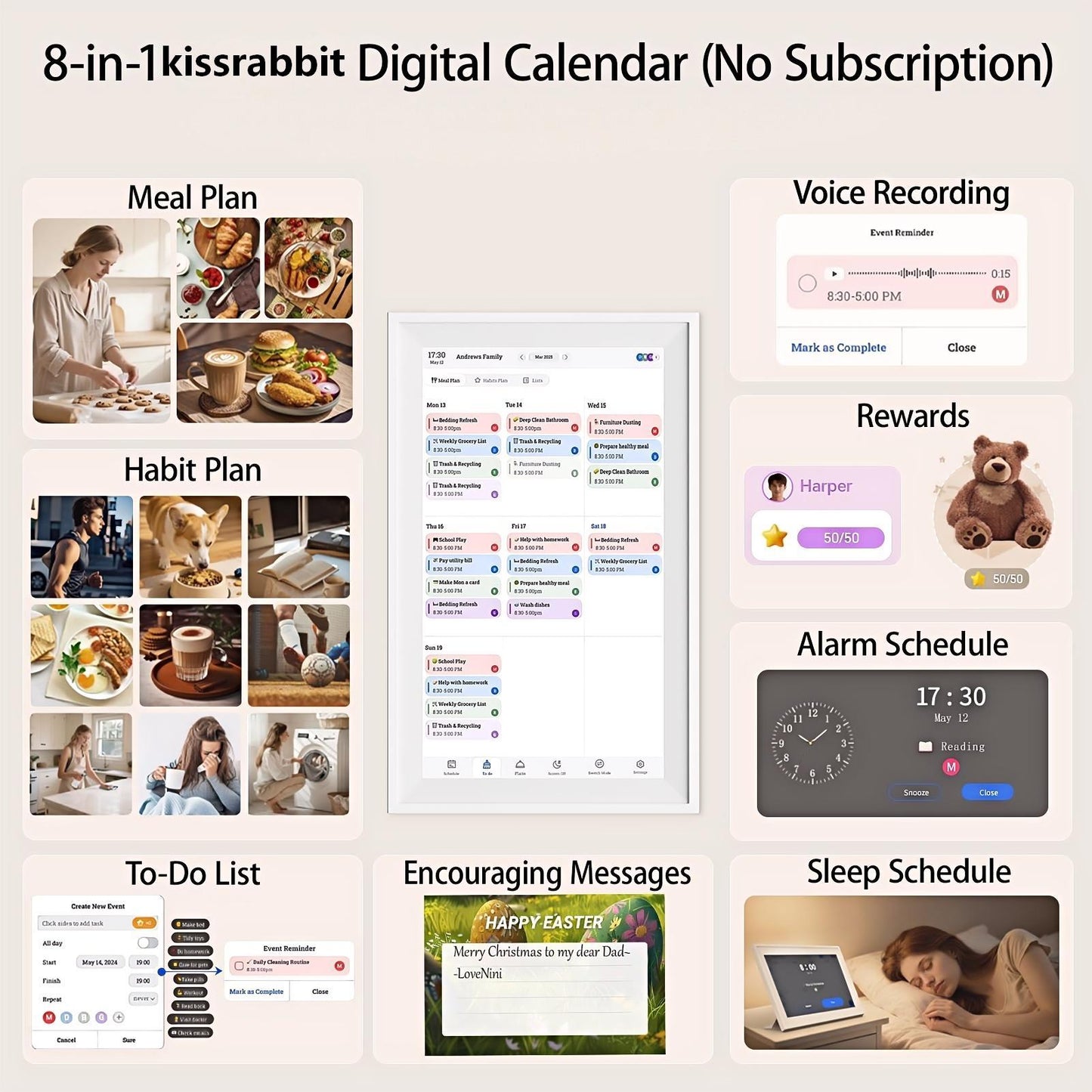 KissRabbit Digital Calendar, 15.6 inch Smart Family Calendar with Touchscreen, Wall & Desk Mount, Electronic Planner and Chore Chart